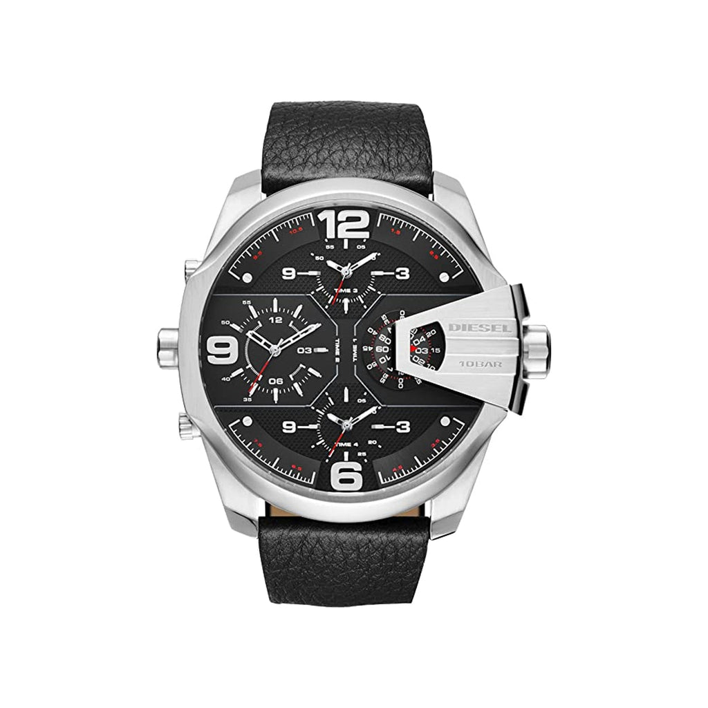 Diesel DZ7376 Uber Chief Oversized 4-Time Men's Watch – Black Dial & Black Leather Strap