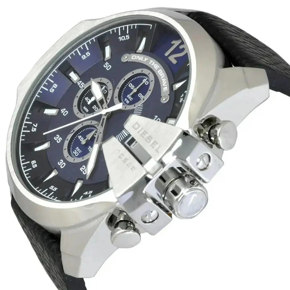 Diesel DZ4423 Mega Chief Chronograph Men's Watch – Blue Dial & Black Leather Strap