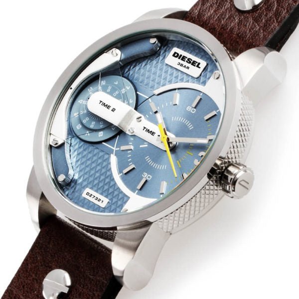 Diesel DZ7321 Mini Daddy Chronograph Men's Watch – Light Blue Dial & Brown Leather Strap