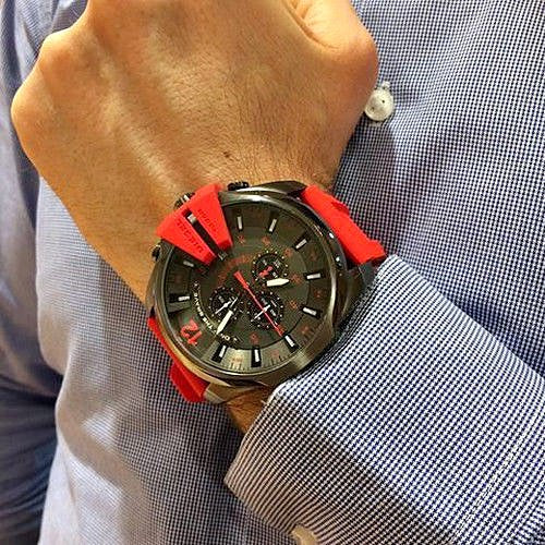 Diesel DZ4427 Mega Chief Chronograph Men's Watch – Black Dial & Red Silicone Strap