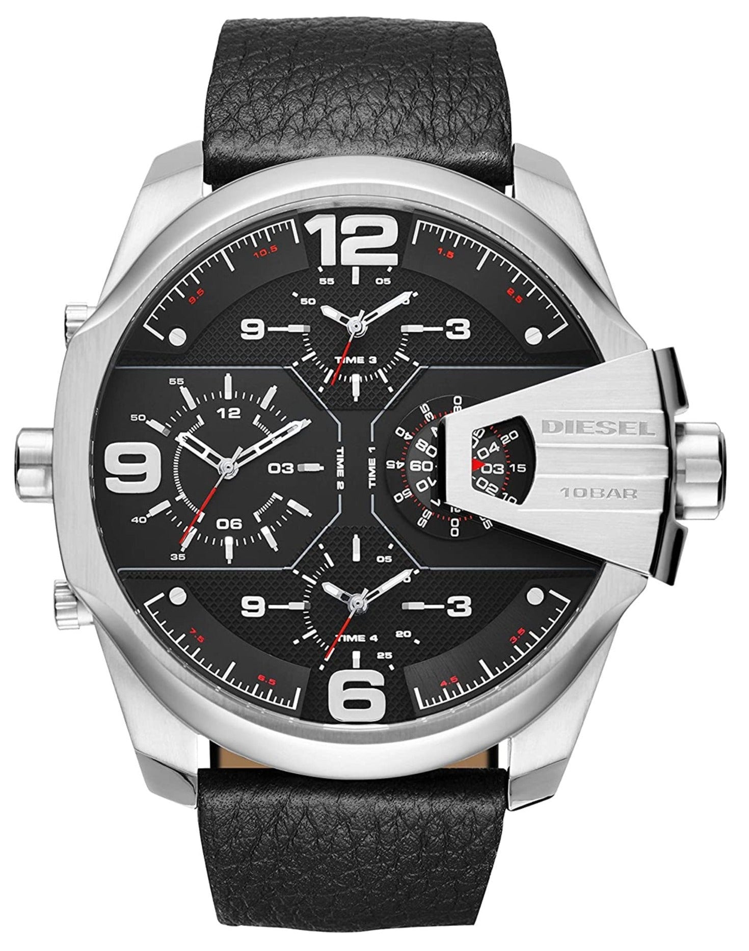 Diesel DZ7376 Uber Chief Oversized 4-Time Men's Watch – Black Dial & Black Leather Strap