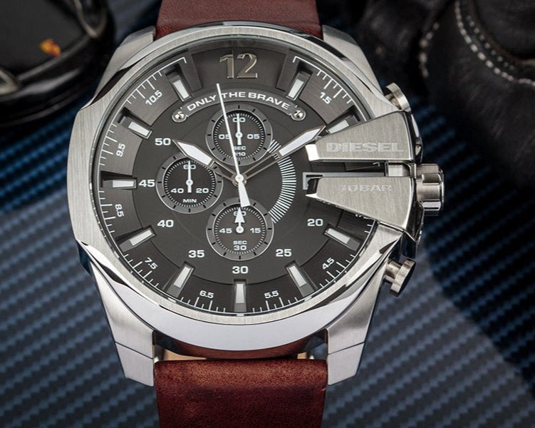 Diesel DZ4290 Mega Chief Chronograph Men's Watch – Black Dial & Brown Leather Strap