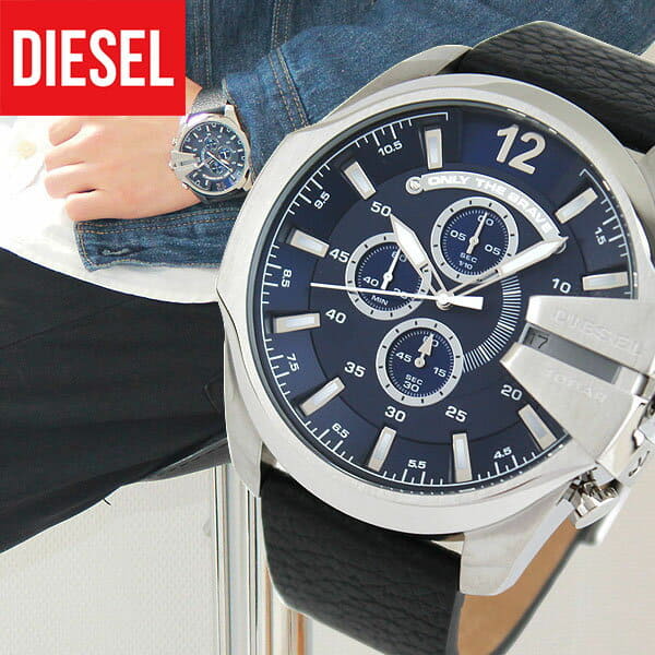 Diesel DZ4423 Mega Chief Chronograph Men's Watch – Blue Dial & Black Leather Strap